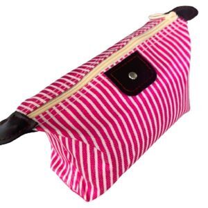 Pink White Striped Canvas Zippered Pouch Pencil Case Travel Organizer Bag New